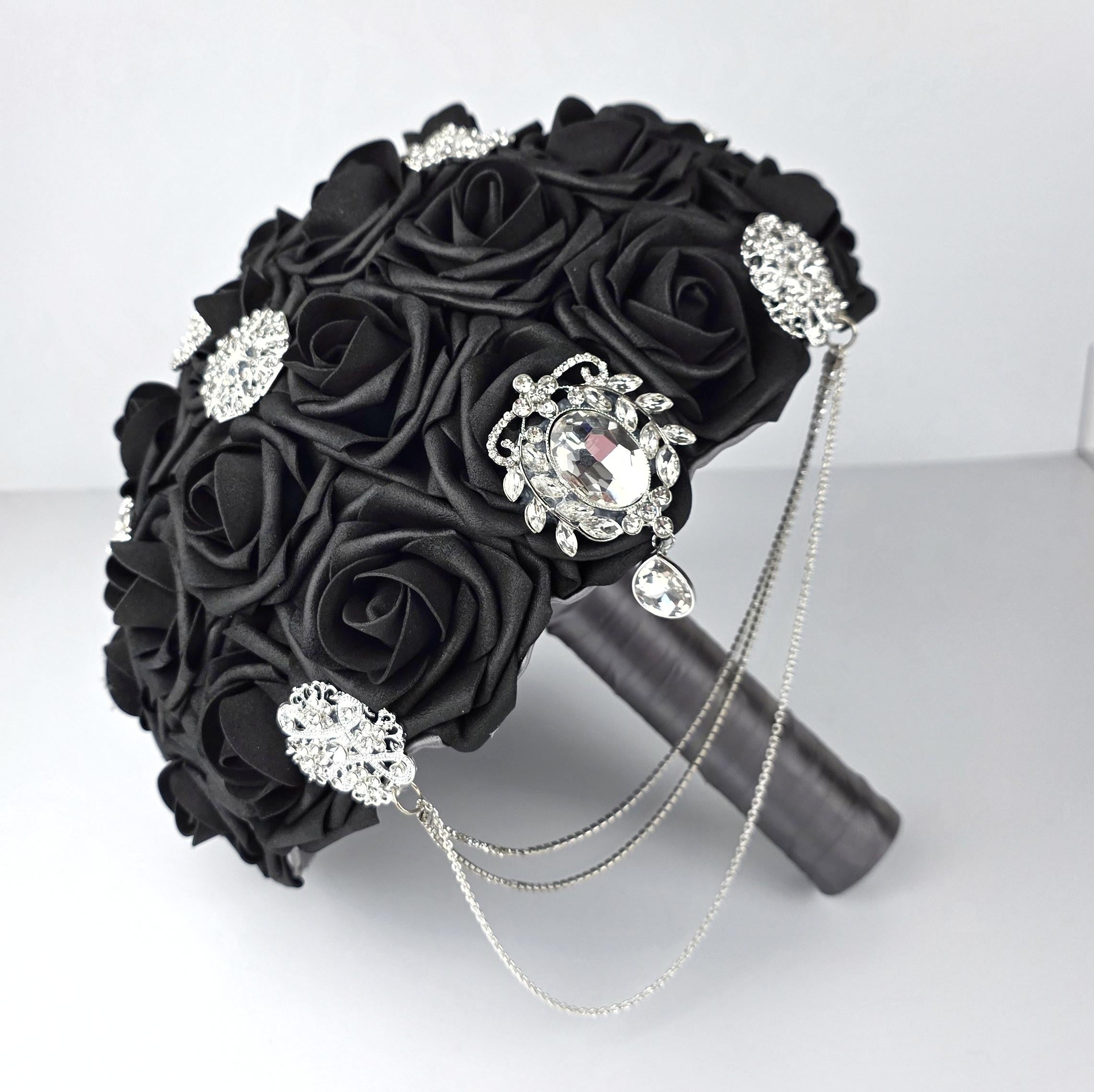 Cascading Black and Gray Brooch Bouquet with chain. Available in 27 colors, matching Boutonnieres and Corsages Available, Jeweled Bouquet