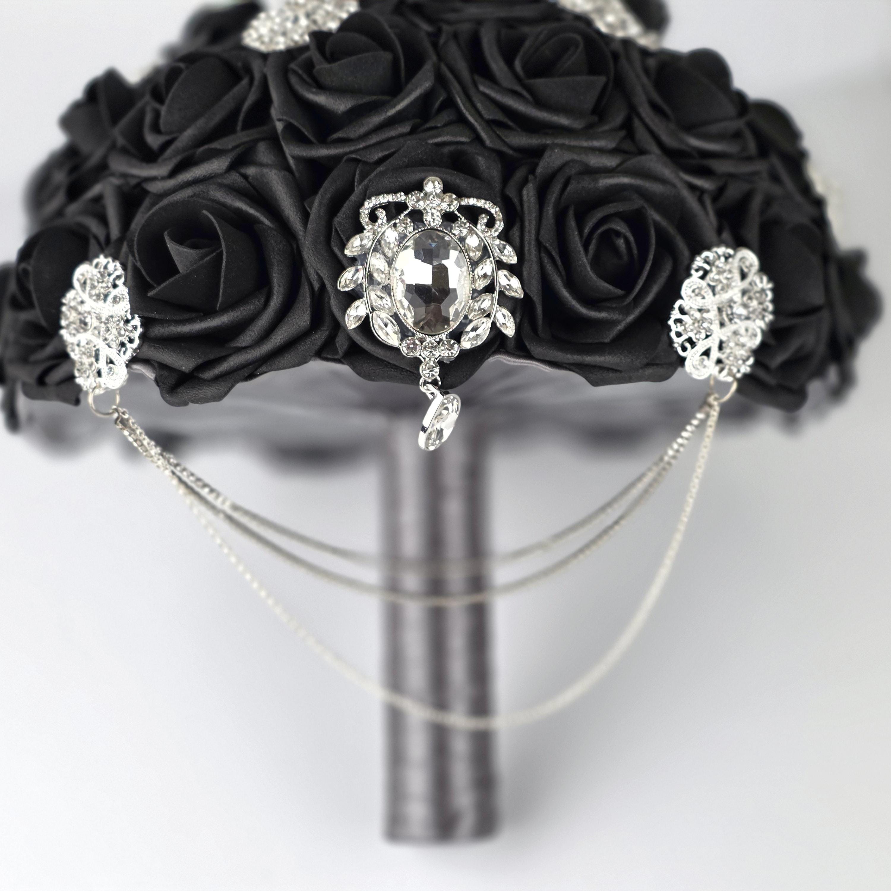 Cascading Black and Gray Brooch Bouquet with chain. Available in 27 colors, matching Boutonnieres and Corsages Available, Jeweled Bouquet