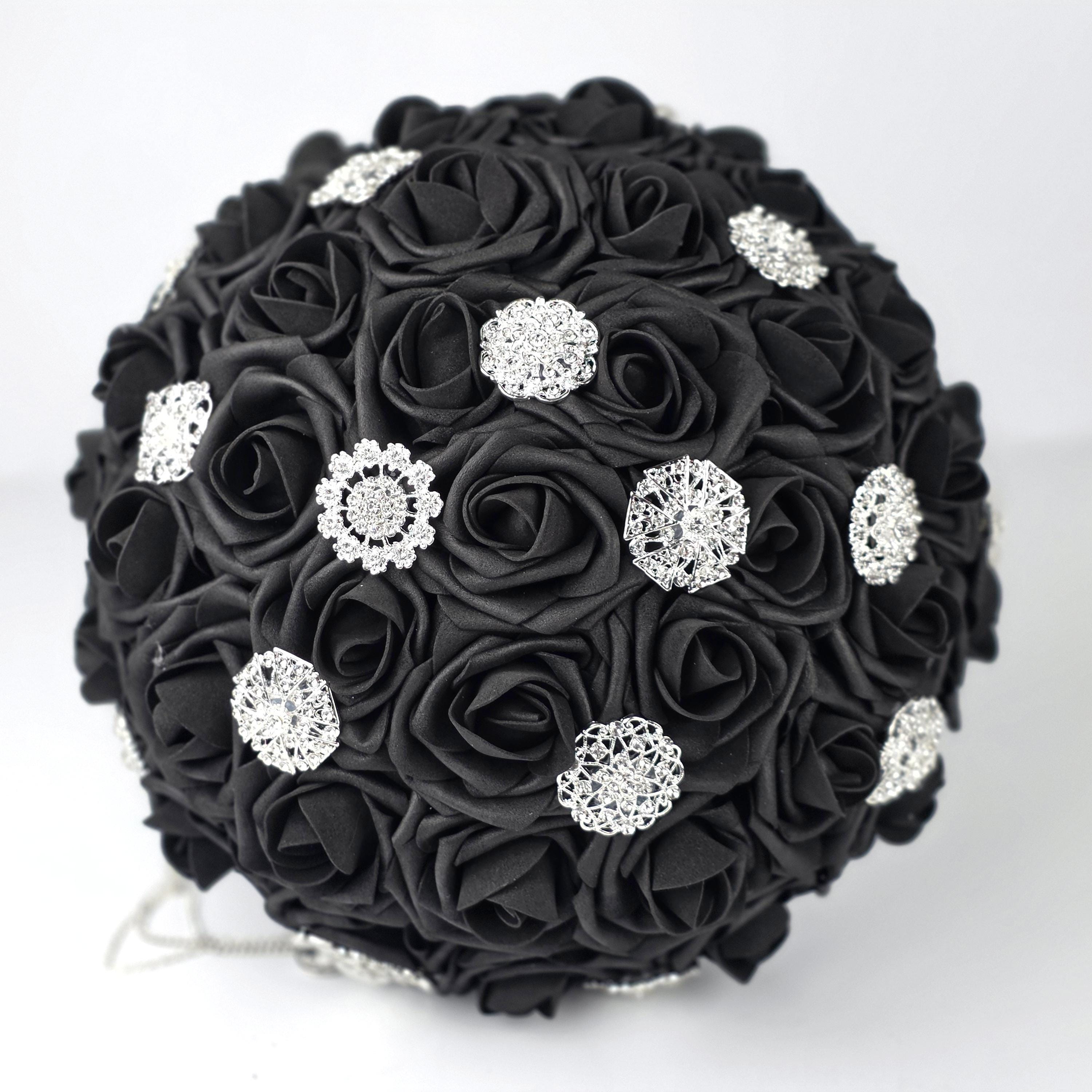 Cascading Black and Gray Brooch Bouquet with chain. Available in 27 colors, matching Boutonnieres and Corsages Available, Jeweled Bouquet