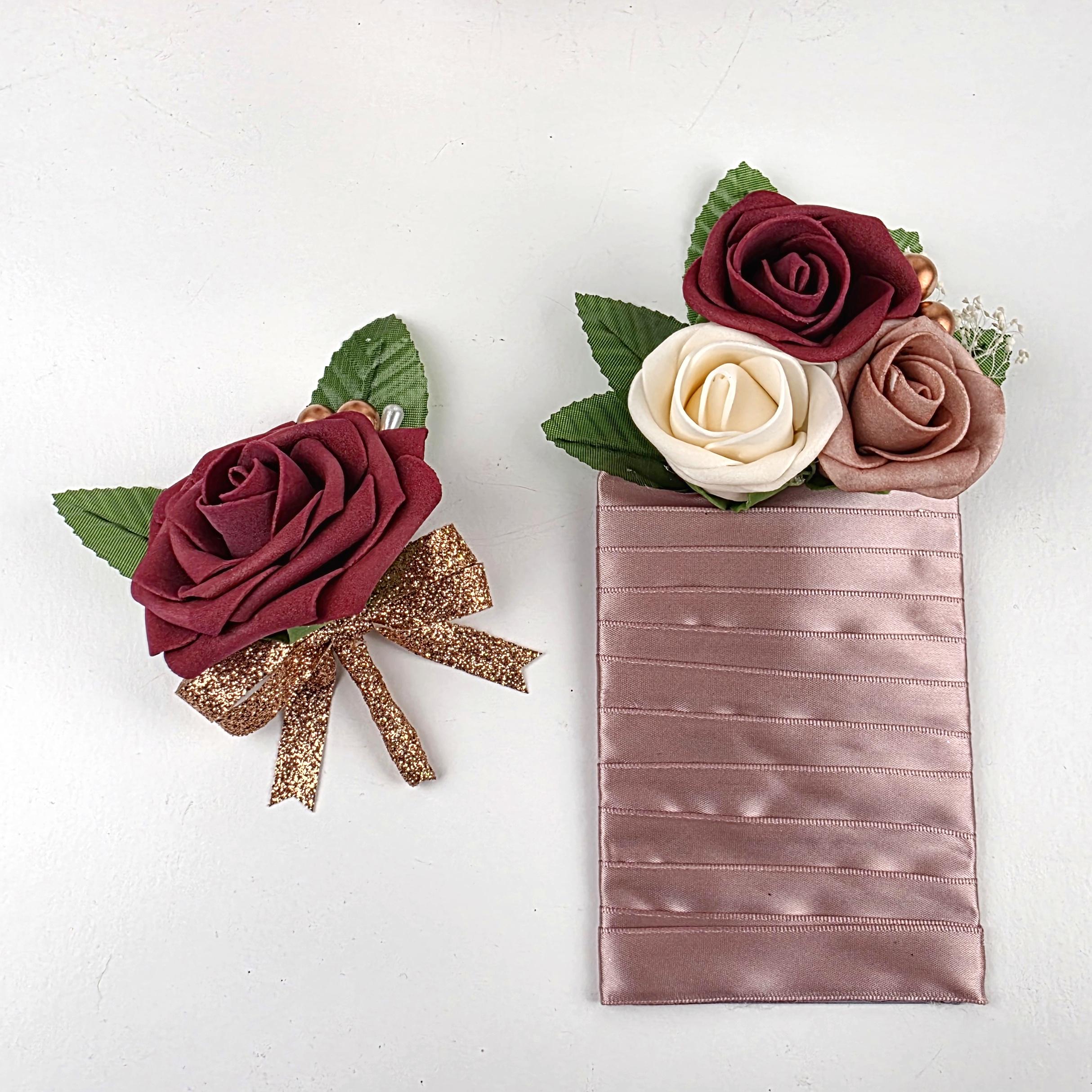 Pocket Boutonniere – Dusty Rose, Cream, and Burgundy Roses, Modern Wedding Flowers, Keepsake Groom Boutonniere and Matching Corsage Options