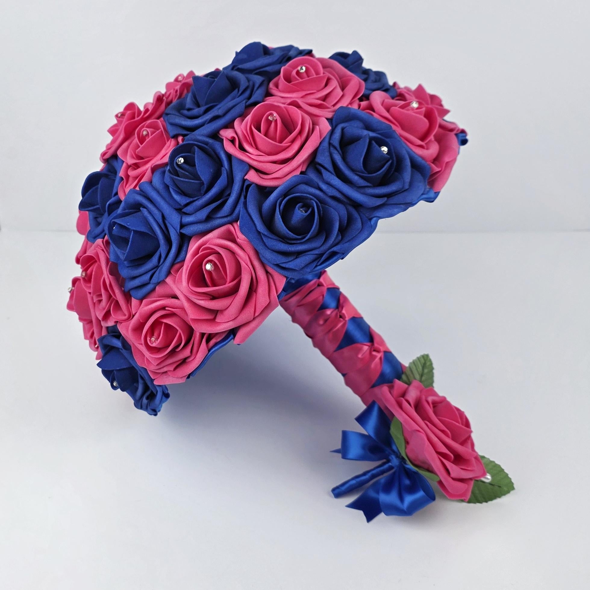 Hot Pink and Royal Blue Boutonniere or Corsage – Real Touch Roses