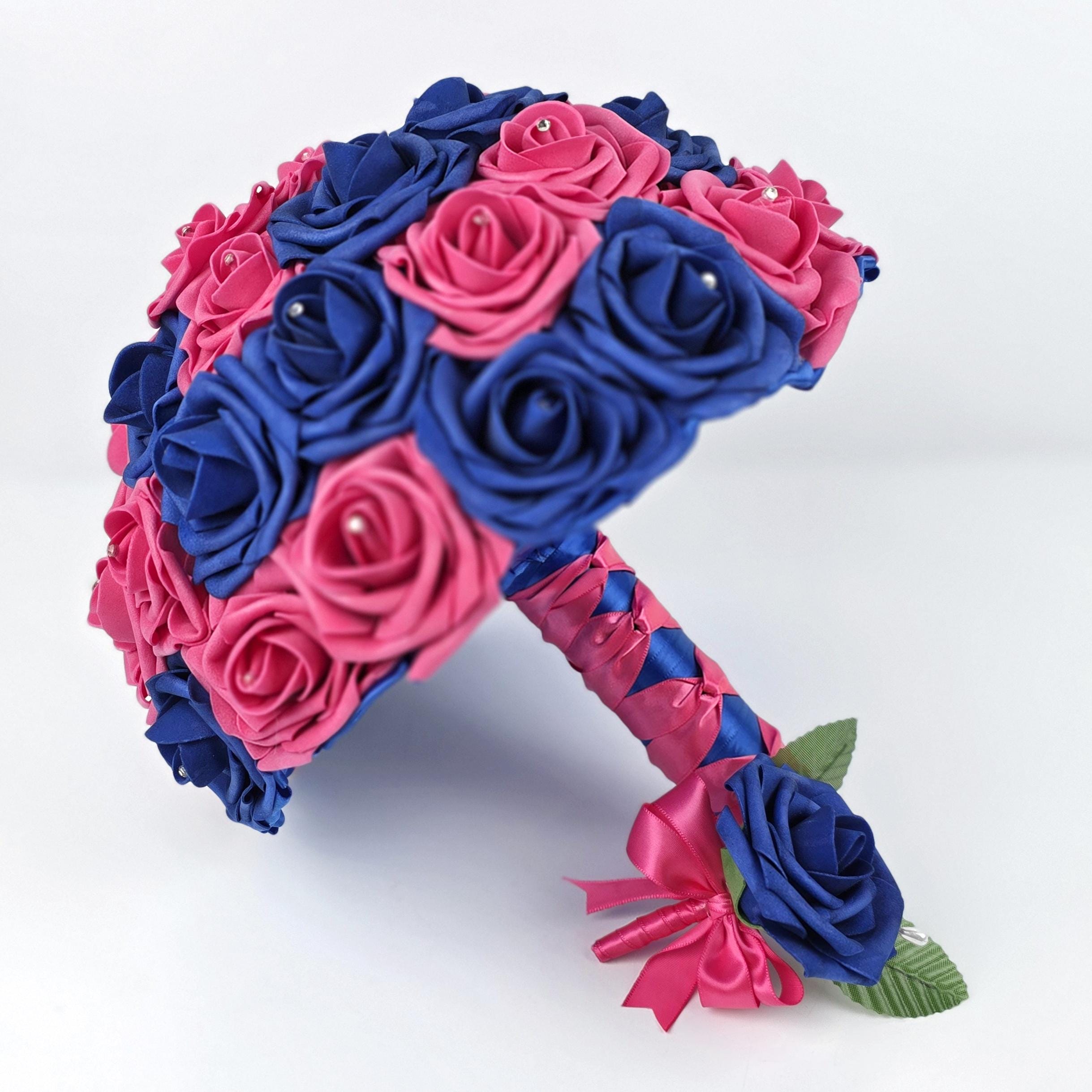 Hot Pink and Royal Blue Wedding Bouquet –Modern Bridal, Quinceañera & Prom, Matching Boutonniere and Corsage