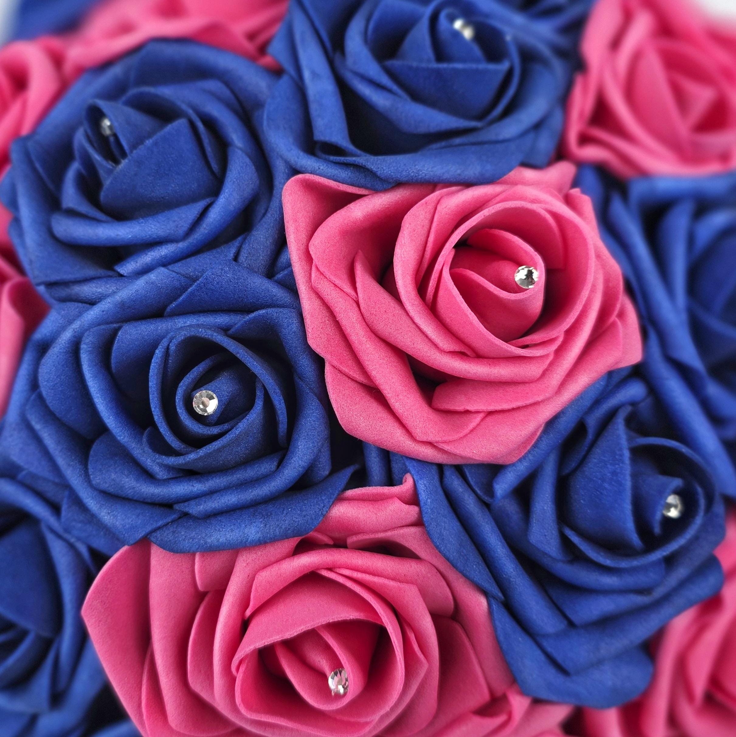 Hot Pink and Royal Blue Wedding Bouquet –Modern Bridal, Quinceañera & Prom, Matching Boutonniere and Corsage