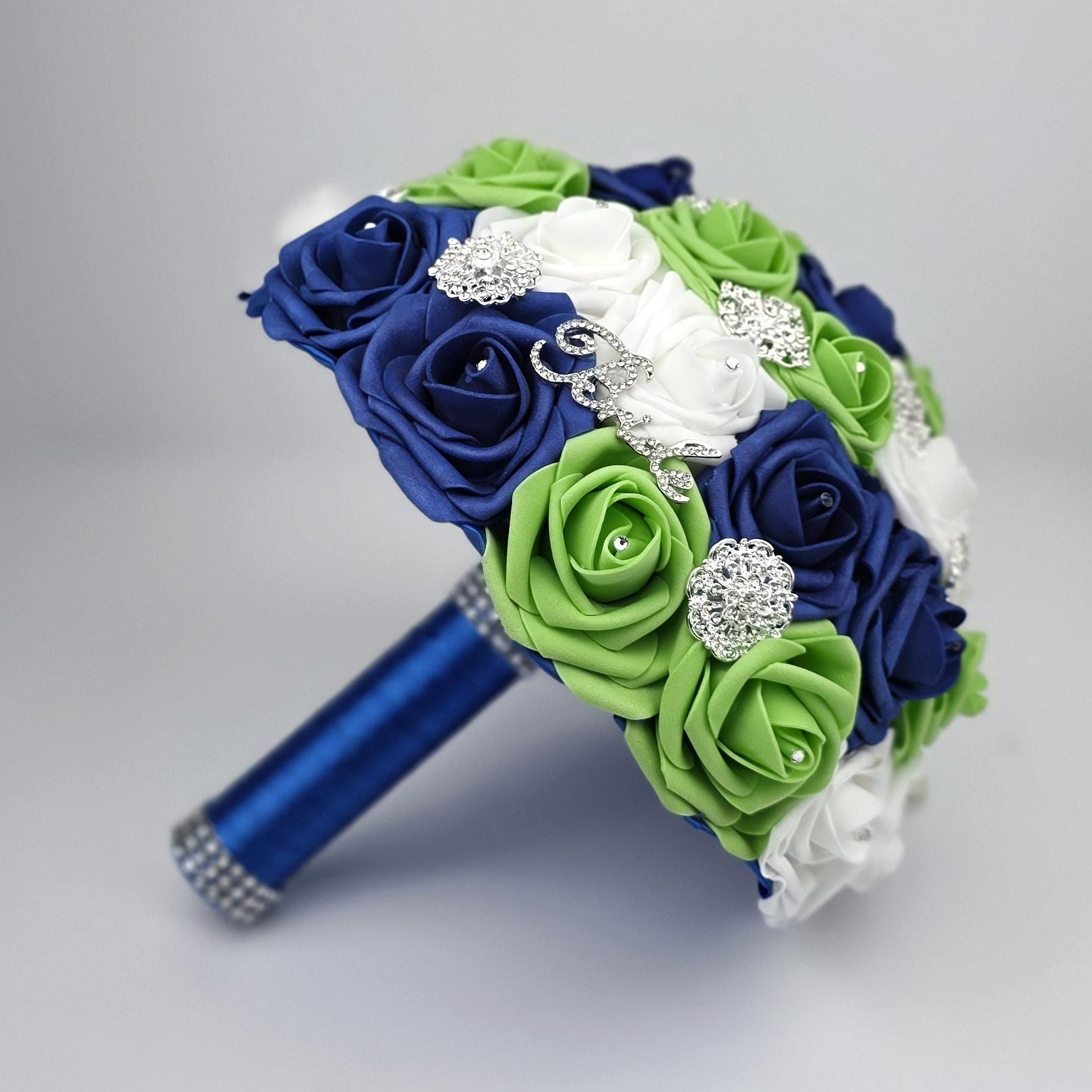 Royal Blue, Lime Green & White Real Touch Rose Brooch Wedding Bouquet, Matching Boutonnieres and Corsages Available