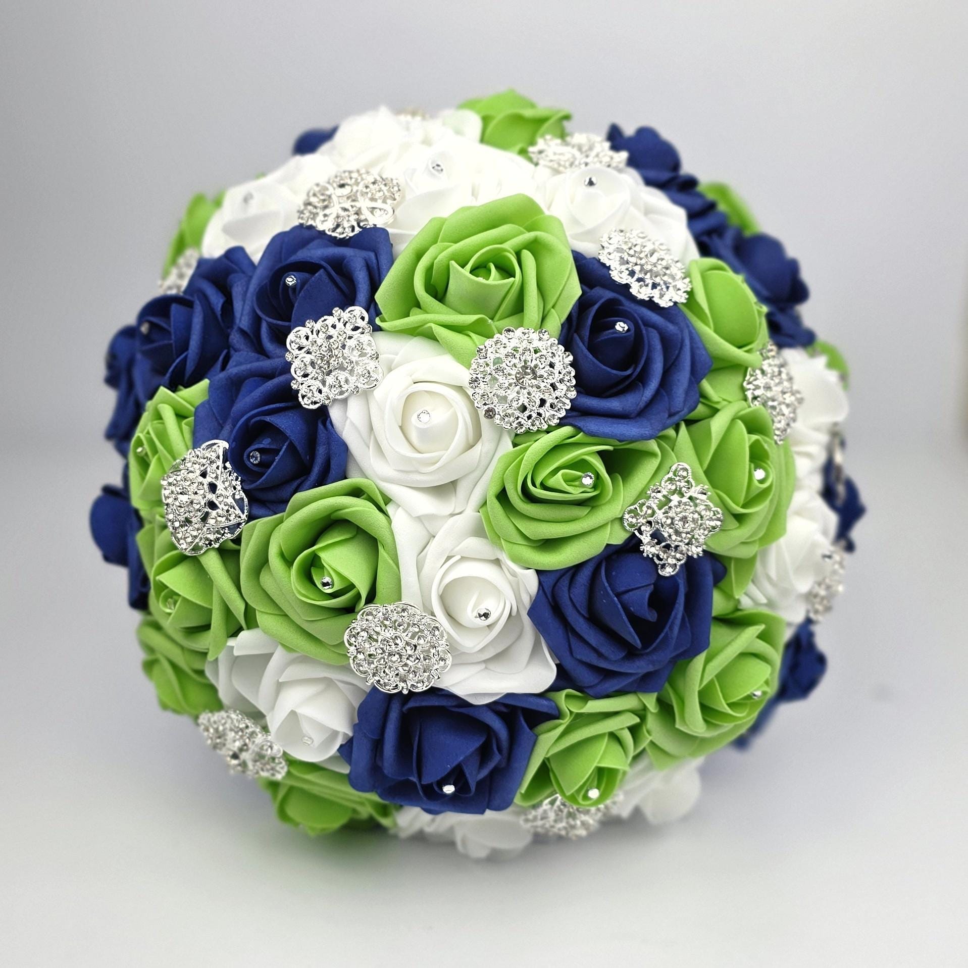 Royal Blue, Lime Green & White Real Touch Rose Brooch Wedding Bouquet, Matching Boutonnieres and Corsages Available