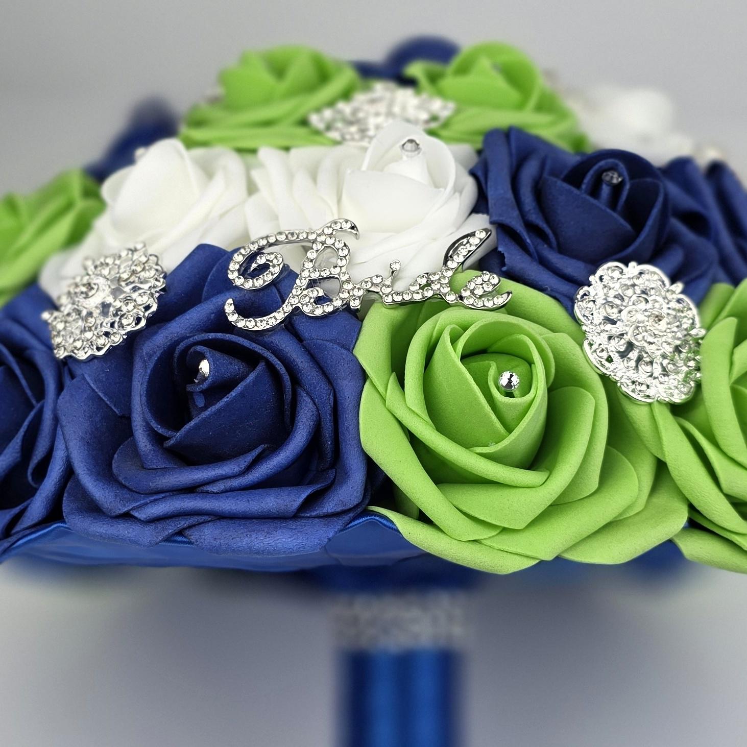 Royal Blue, Lime Green & White Real Touch Rose Brooch Wedding Bouquet, Matching Boutonnieres and Corsages Available