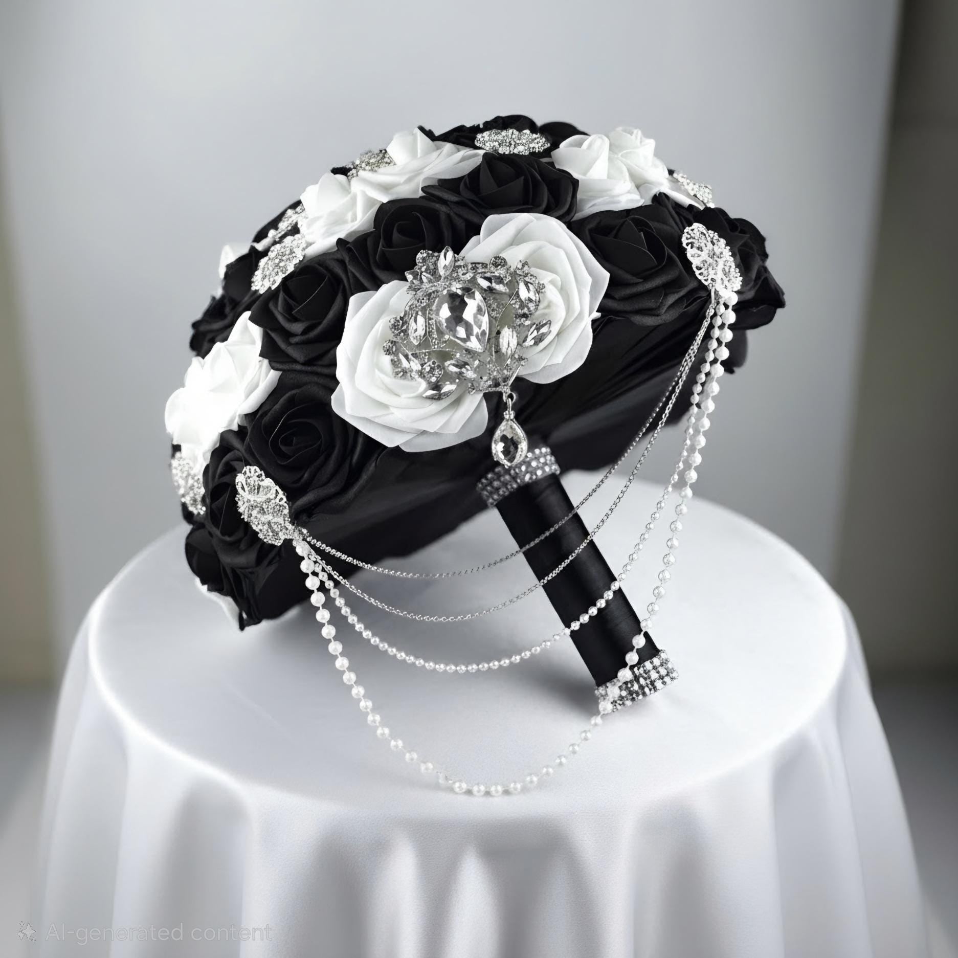 Black and white bouquet with silver brooches and cascading chains and pearls.