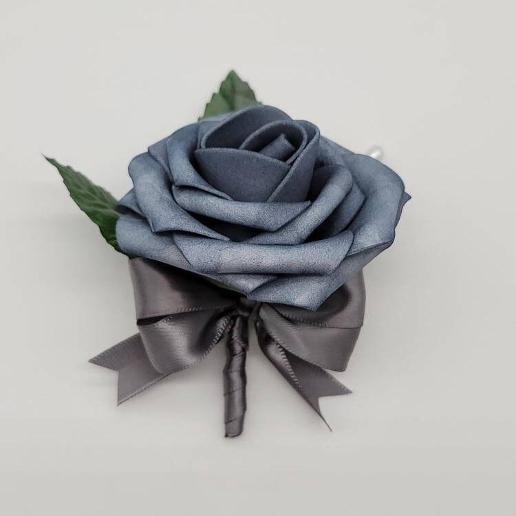 Dusty blue rose with gray ribbon boutonniere