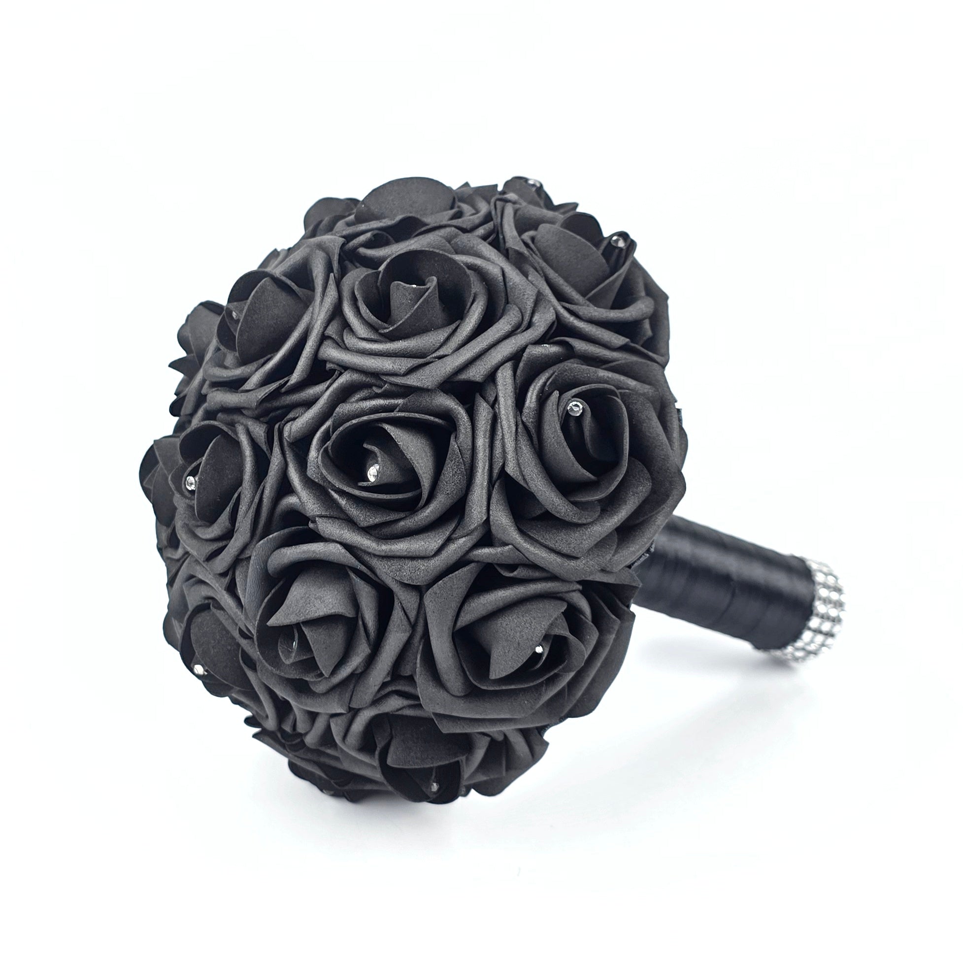8 inch black bridesmaid bouquet with black satin ribbon with bling wrap. Rhinestones on every rose.