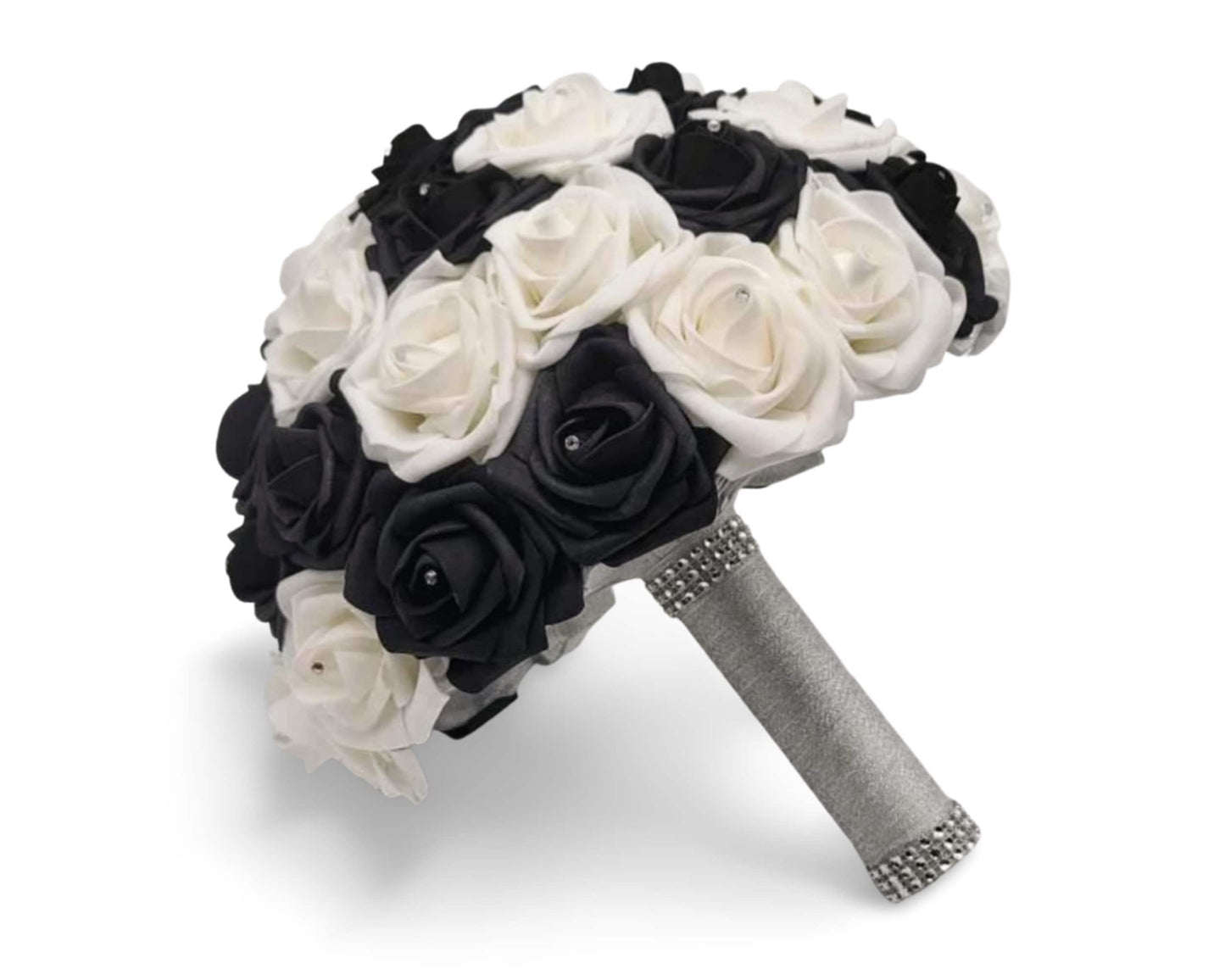 White and Black rose wedding bouquet with rhinestones on every rose. handle is made out of silver ribbon and finished with silver bling wrap.