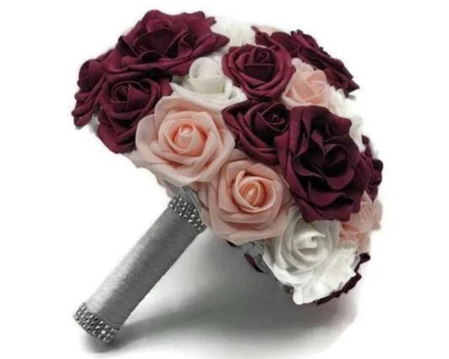 Burgundy, blush, and white bouquet with avalanche roses. Silver ribbon with silver bling wrap handle.