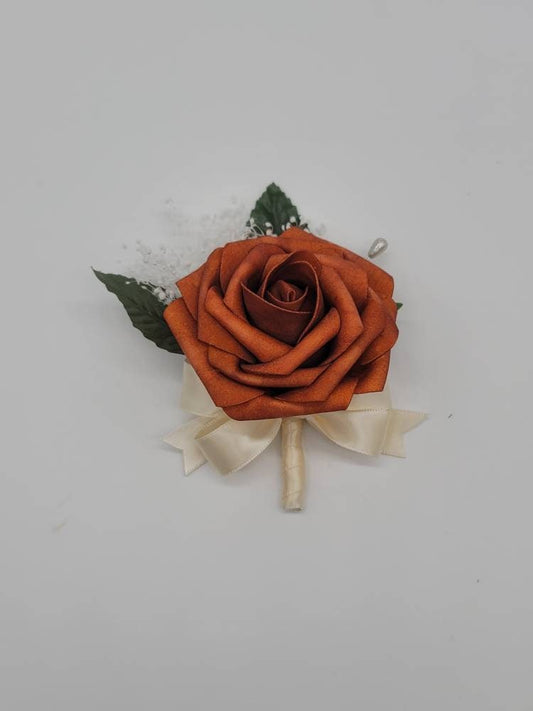 Burnt Orange Boutonniere with Ivory ribbon and baby&#39;s breath