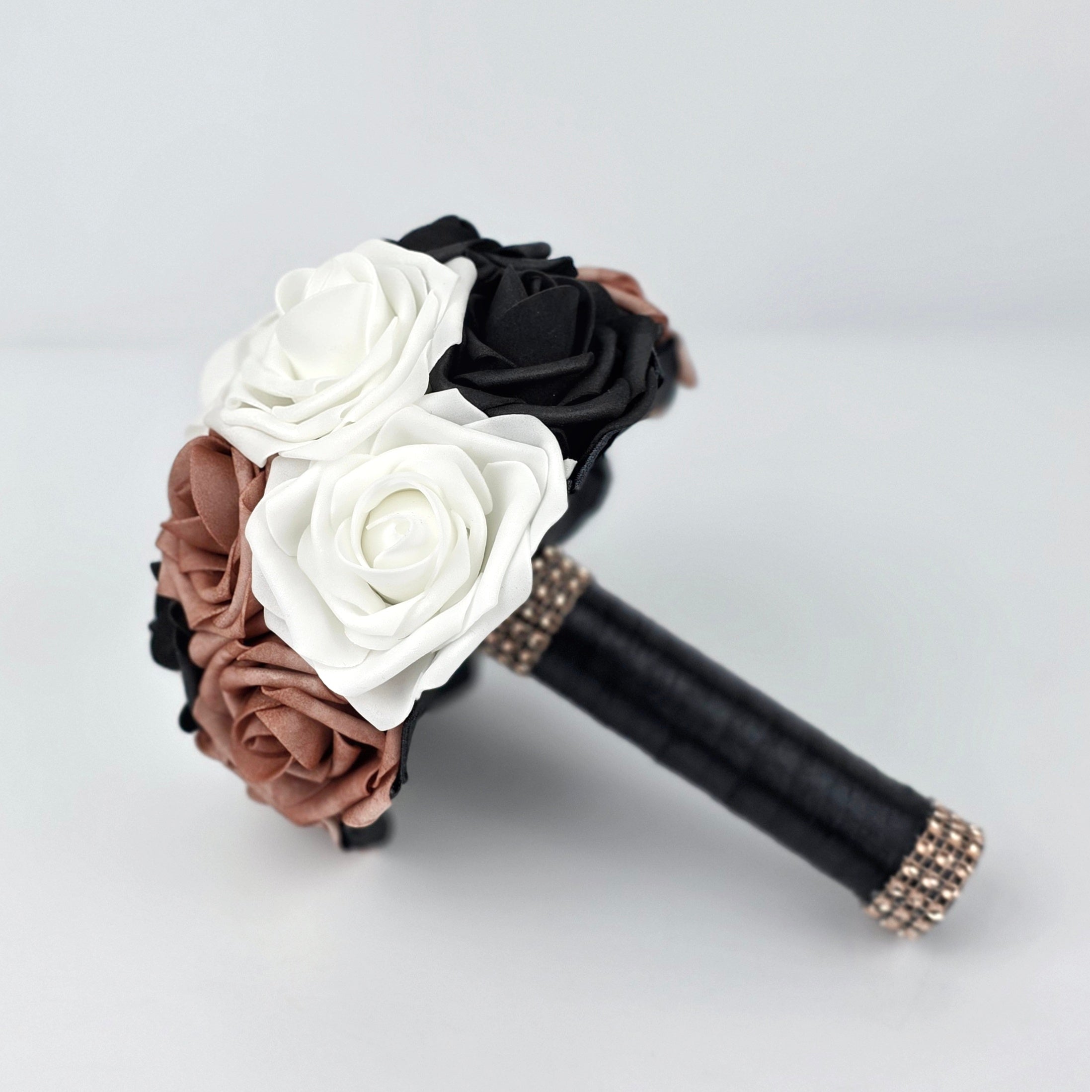 Dusty Rose, Black, and White bouquet with black ribbon. 6" bouquet