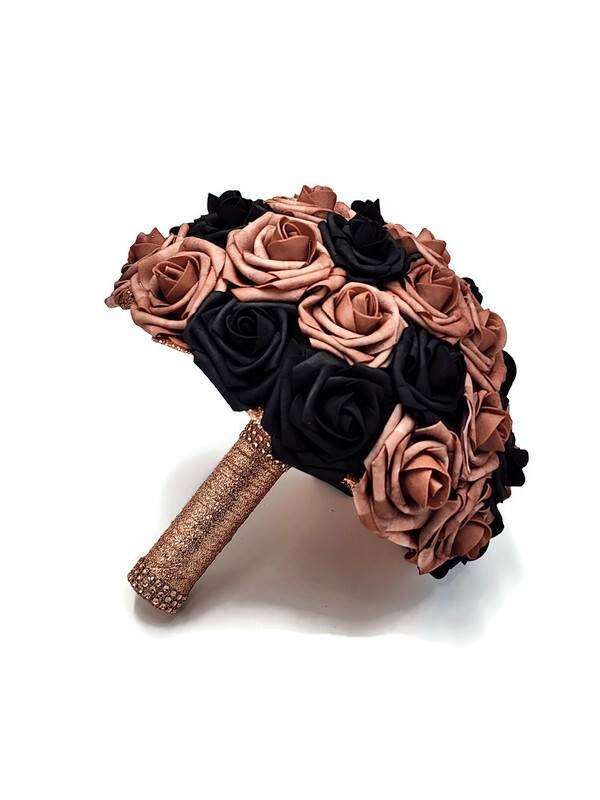 Dusty rose and black bridal bouquet made with real touch roses. Handle is made using rose gold ribbon and finished with rose gold bling wrap.