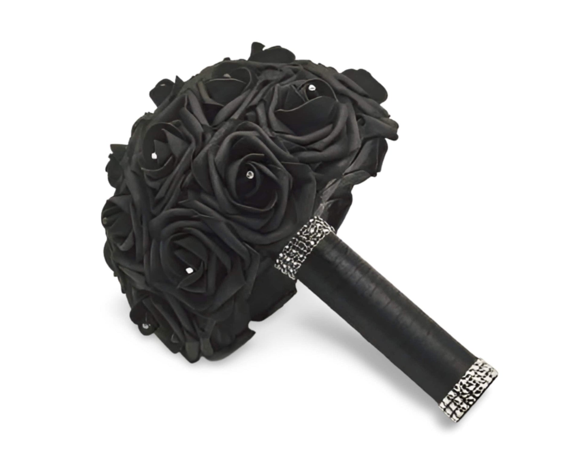 Black wedding bouquet with rhinestones on every rose. Handle is made out of black satin ribbon and finished with silver bling wrap.