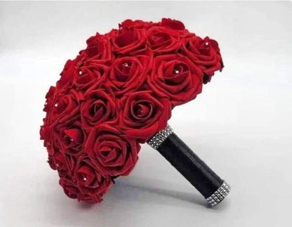 Red rose bouquet with black satin ribbon. Handle is finished with silver bling wrap. Rhinestones are in center of every rose. Great for weddings, brides, bridesmaids, prom, homecoming, Quinceanera&