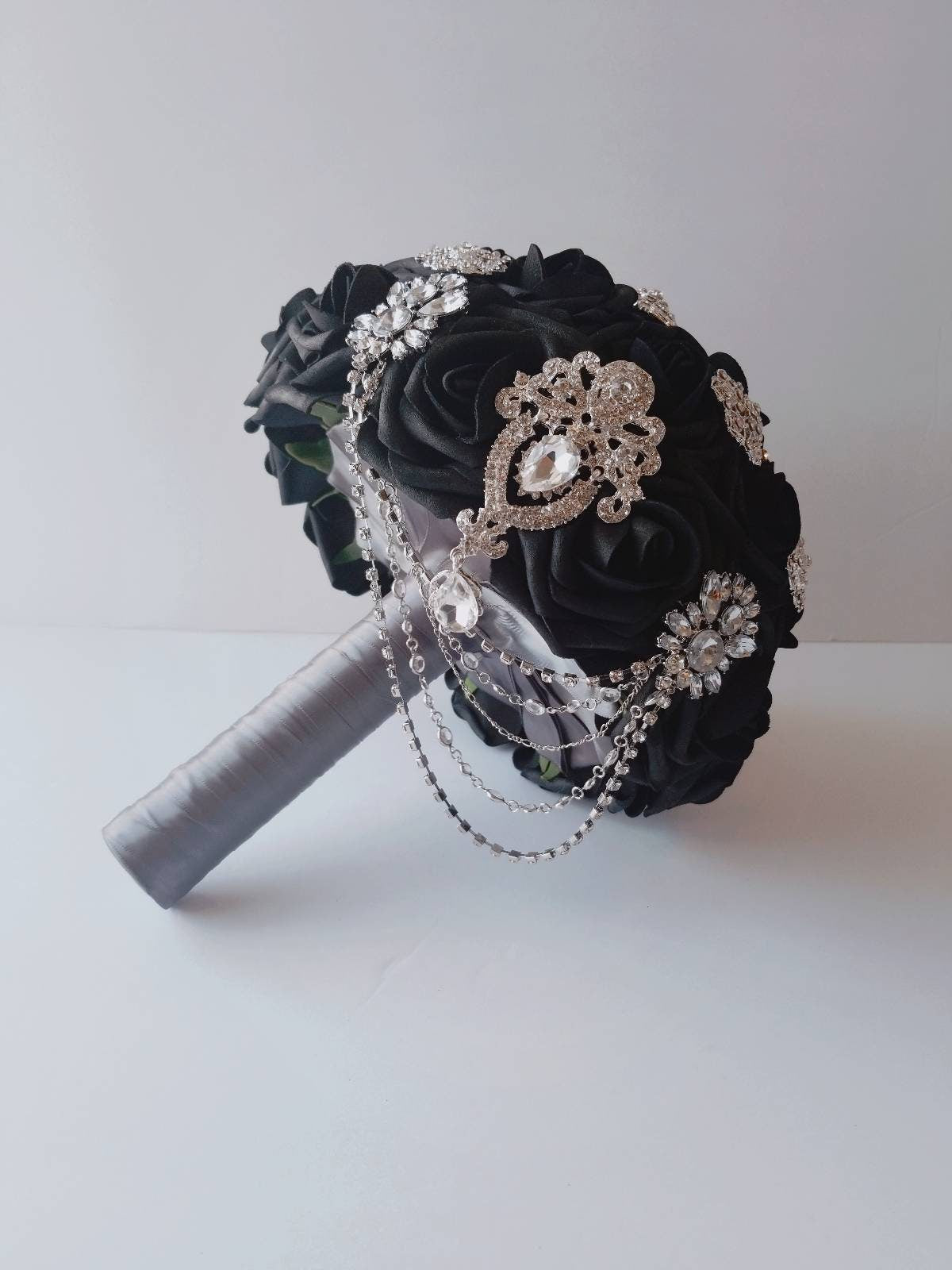 Cascading Black Brooch Bridal Bouquet With Chain, Available Matching Boutonnieres and Corsages, Available In 27 Colors, Gothic Bouquet