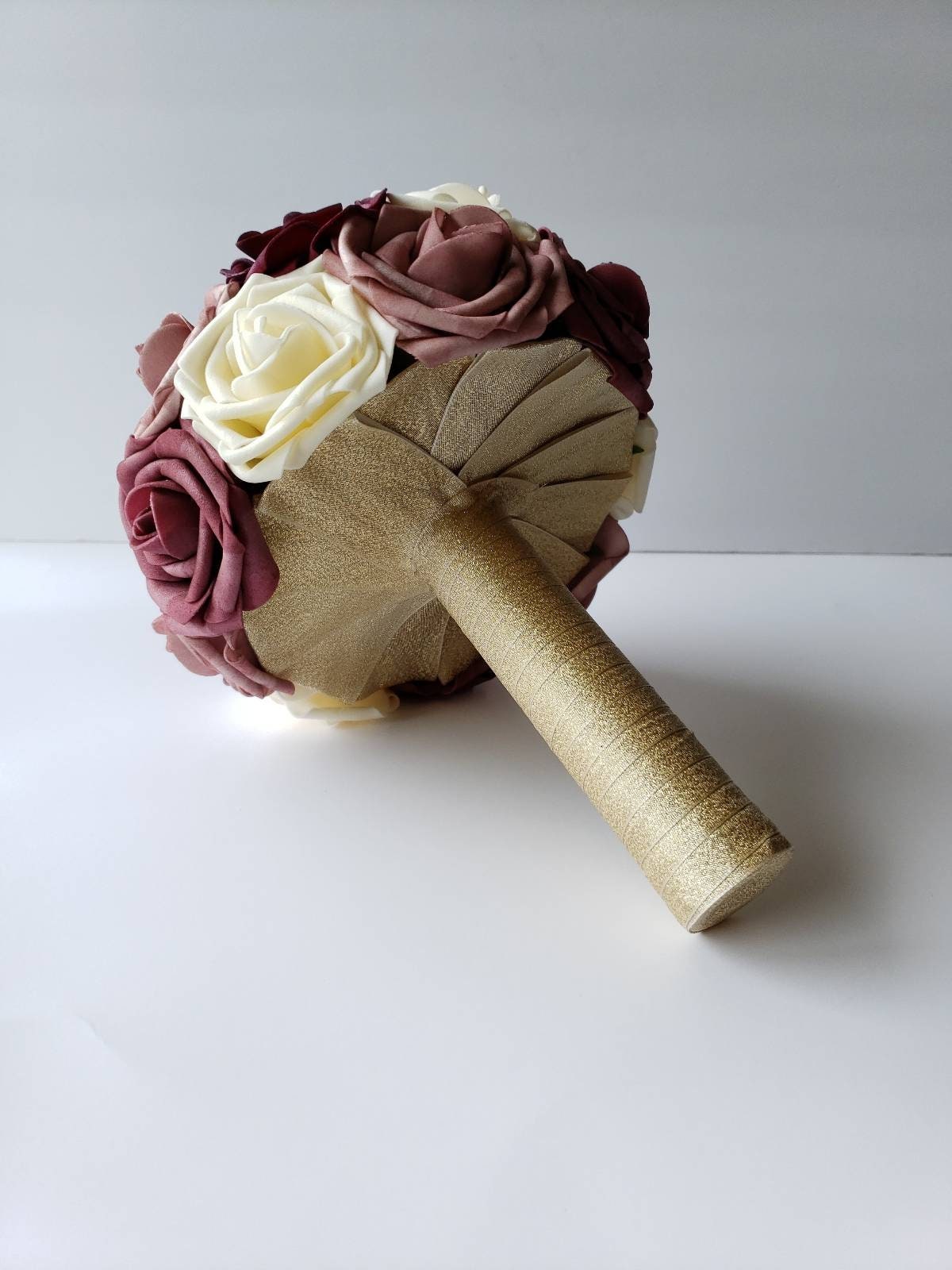 Burgundy, Dusty Rose, Mauve & Cream Wedding Bouquet Made w/Real Touch Roses, Bridal and Bridesmaid Bouquets /Matching Boutonniere/Corsages