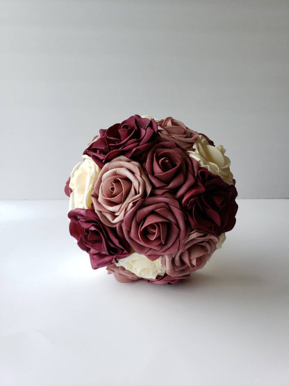 Burgundy, Dusty Rose, Mauve & Cream Wedding Bouquet Made w/Real Touch Roses, Bridal and Bridesmaid Bouquets /Matching Boutonniere/Corsages