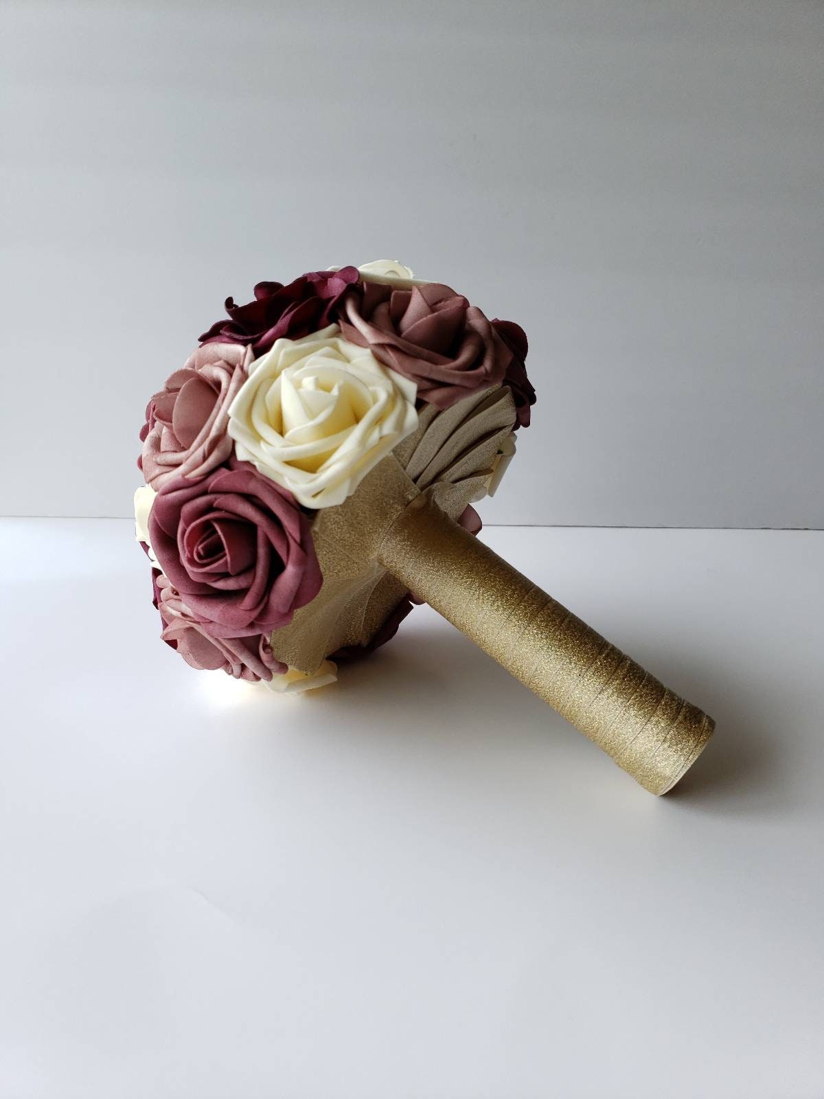 Burgundy, Dusty Rose, Mauve & Cream Wedding Bouquet Made w/Real Touch Roses, Bridal and Bridesmaid Bouquets /Matching Boutonniere/Corsages