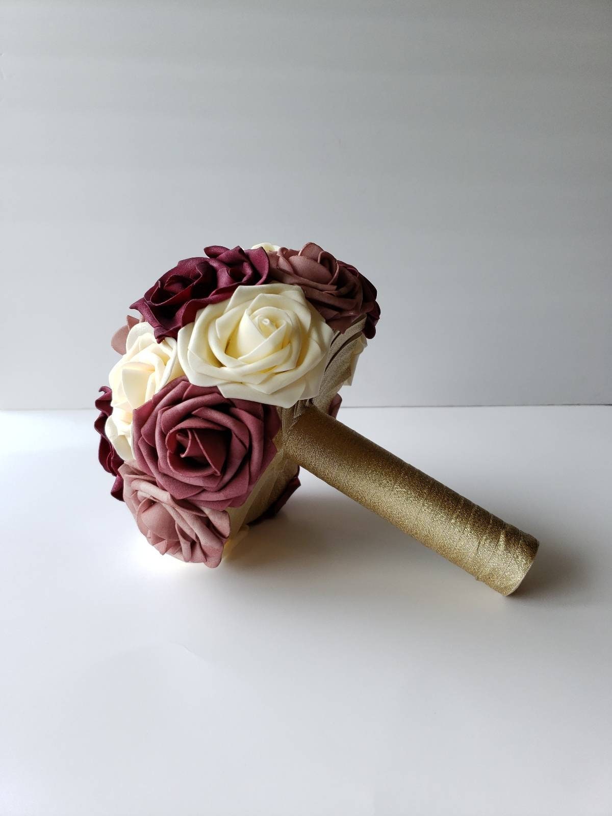 Burgundy, Dusty Rose, Mauve & Cream Wedding Bouquet Made w/Real Touch Roses, Bridal and Bridesmaid Bouquets /Matching Boutonniere/Corsages