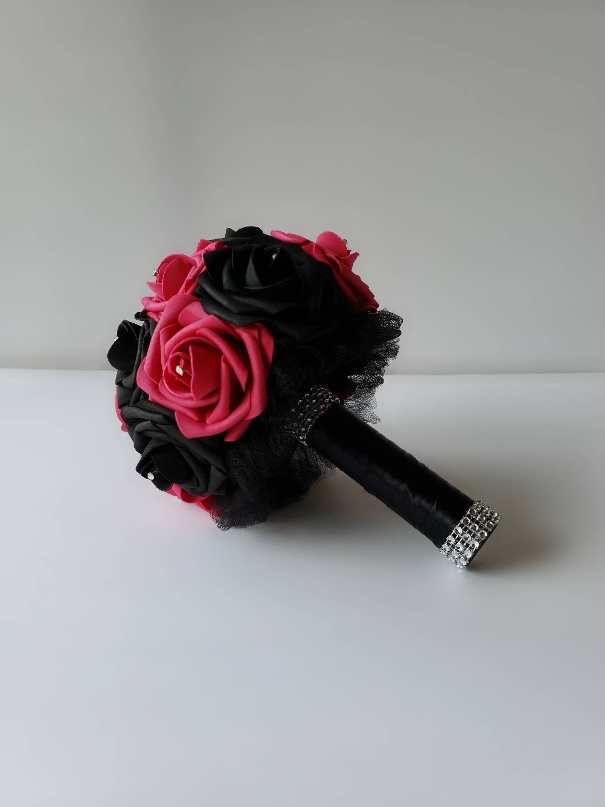 Gothic Skull Fuschia and Black Wedding Bouquet, Bridal Bouquet, Bridesmaid Bouquet, Matching Corsages and Boutonnieres, Halloween Wedding