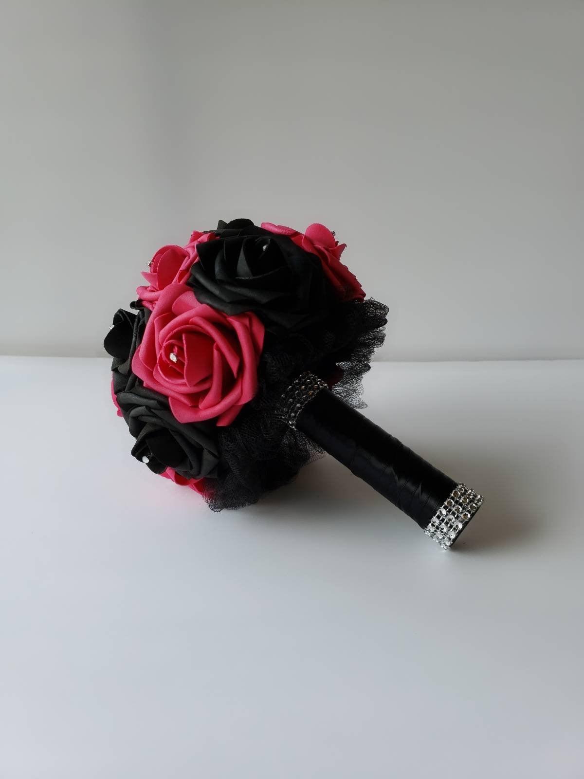 Gothic Skull Fuschia and Black Wedding Bouquet, Bridal Bouquet, Bridesmaid Bouquet, Matching Corsages and Boutonnieres, Halloween Wedding