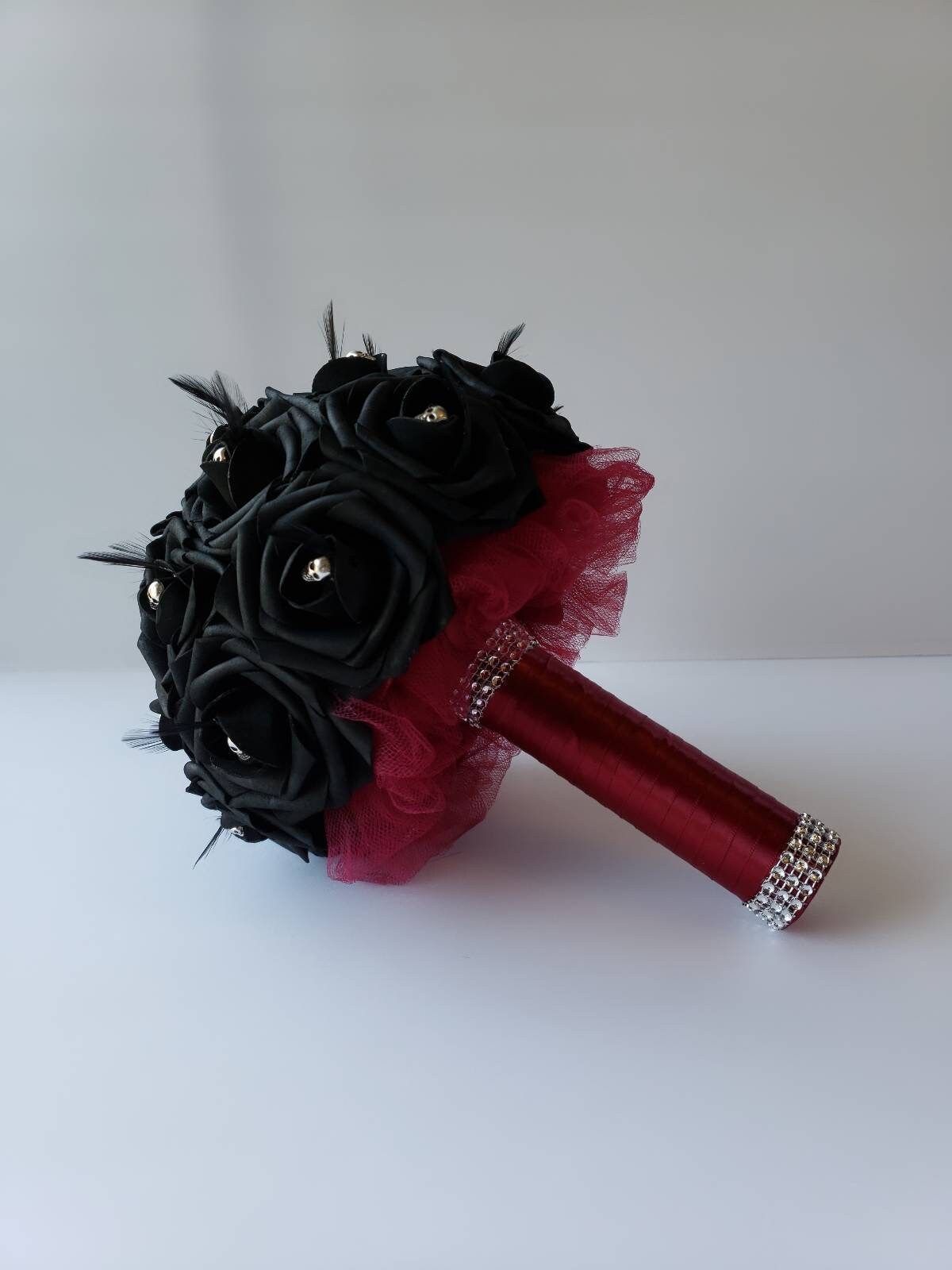 Gothic Skull Burgundy Boutonniere, Goth Corsage, 25 Colors Available, Corsages Available In Pin On And Wrist, Matching Bouquets Available