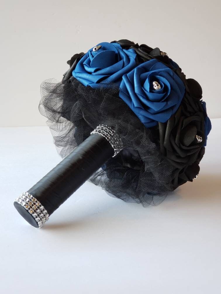 Gothic Royal Blue And Black Skull Wedding Bouquet, Bridal Bouquet, Bridesmaid Bouquet, Matching Boutonnieres and Corsages, Halloween Bouquet