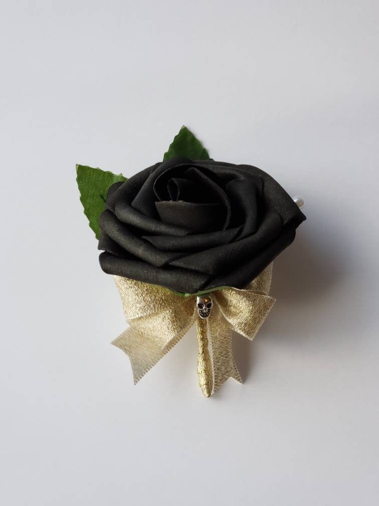 Gothic Skull Black And Gold Boutonnieres and Corsages, Corsages Available In Pin On And Wrist, Matching Bouquets Available