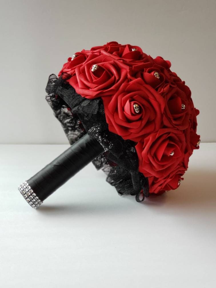 Gothic Skull Red and Black Wedding Bouquet, Bridal Bouquet, Bridesmaid Bouquet, Matching Boutonnieres And Corsages, Halloween Wedding