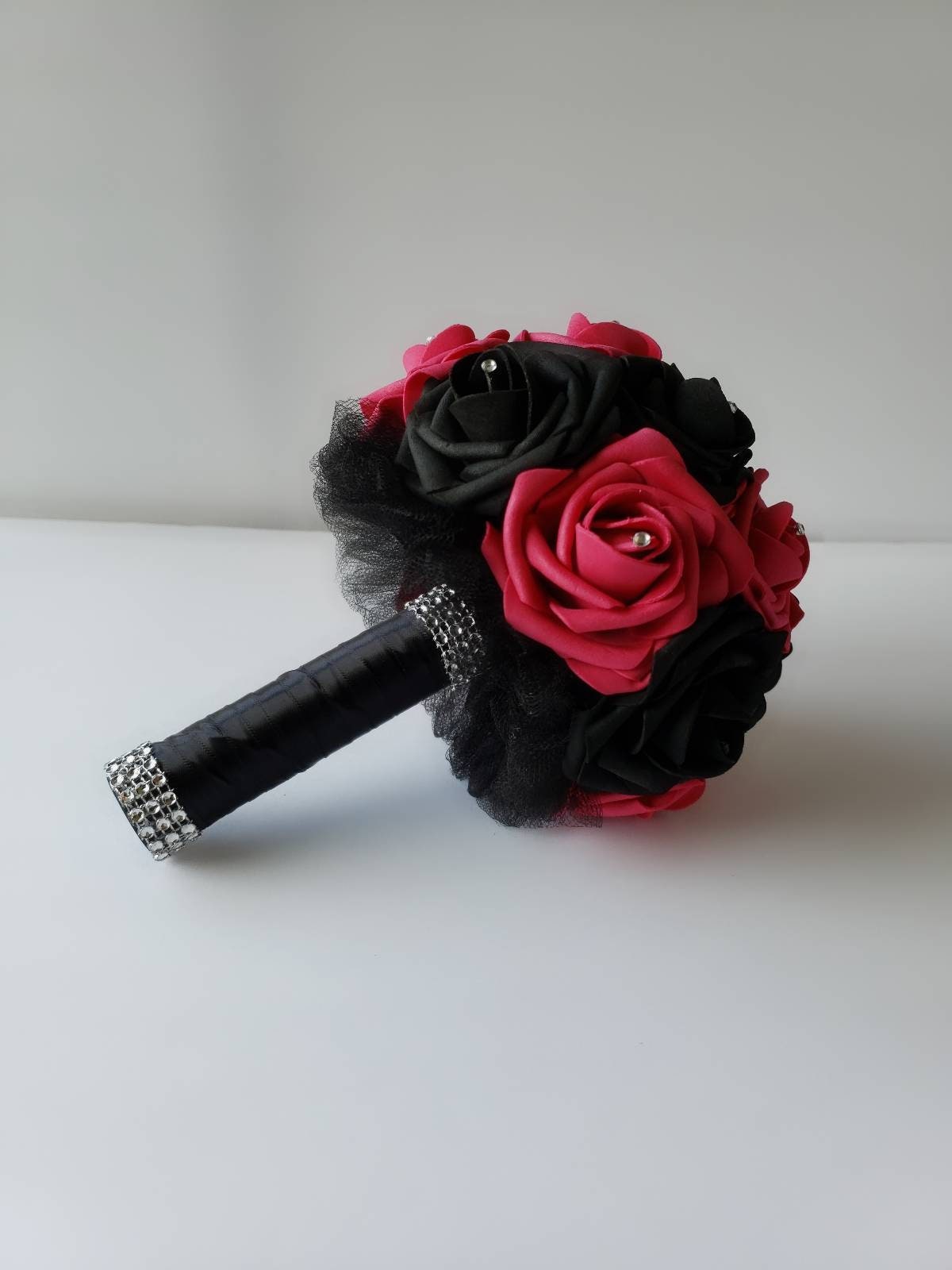 Gothic Skull Fuschia and Black Wedding Bouquet, Bridal Bouquet, Bridesmaid Bouquet, Matching Corsages and Boutonnieres, Halloween Wedding