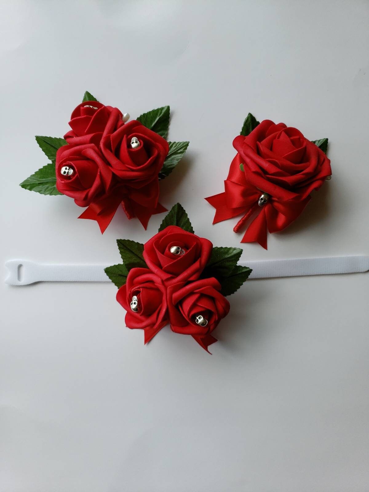 Gothic Skull Burgundy Boutonniere, Goth Corsage, 25 Colors Available, Corsages Available In Pin On And Wrist, Matching Bouquets Available
