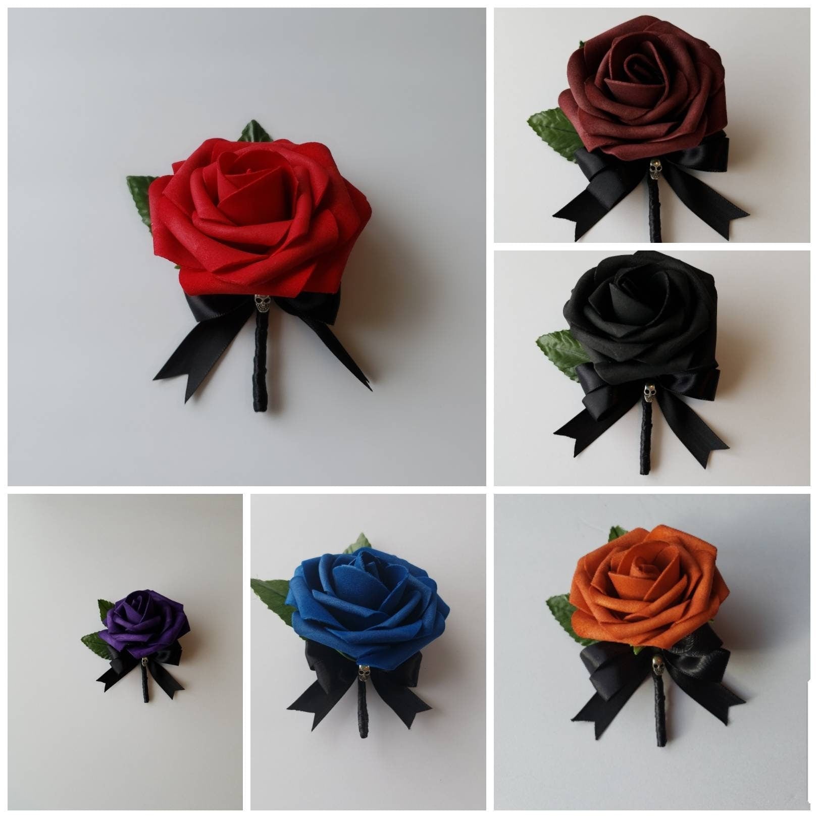 Gothic Skull Burgundy Boutonniere, Goth Corsage, 25 Colors Available, Corsages Available In Pin On And Wrist, Matching Bouquets Available