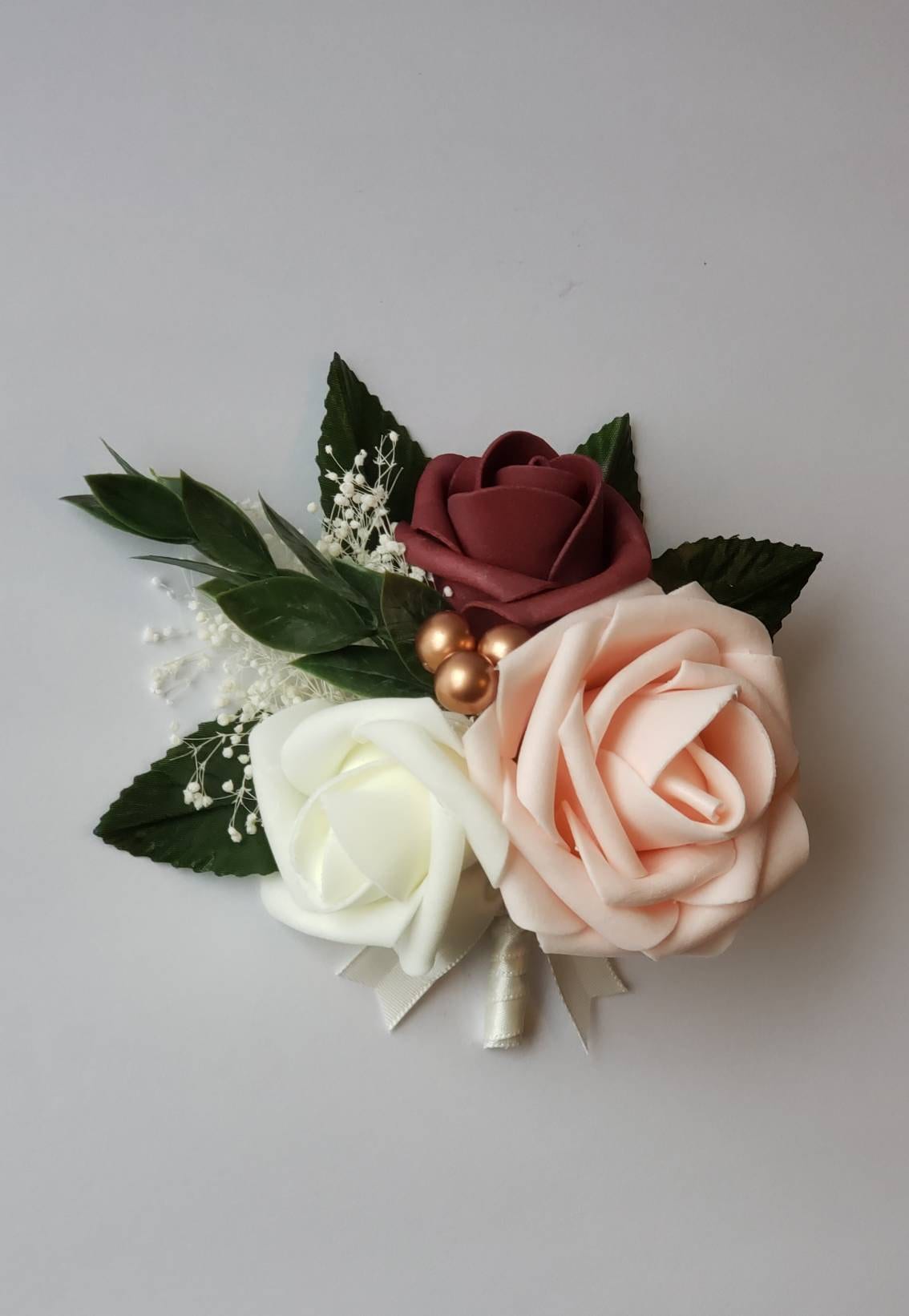 Wine red And Gold Boutonniere, Eucalyptus And Rose Gold Accents,Babais Breath, Matching Corsages And Bouquets Available 27 Colors Available,