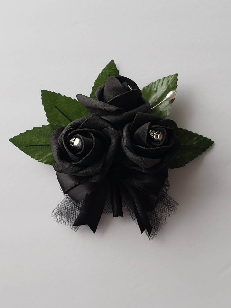 Gothic Skull Black Corsage and Boutonnieres, Corsages Available In Pin On And Wrist, Matching Bouquets Available