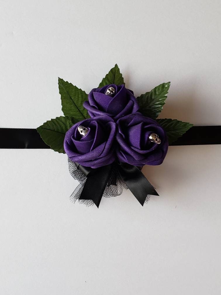 Gothic Skull Purple And Black Boutonnieres and Corsages, Available In Pin On And Wrist, Matching Bouquets Available