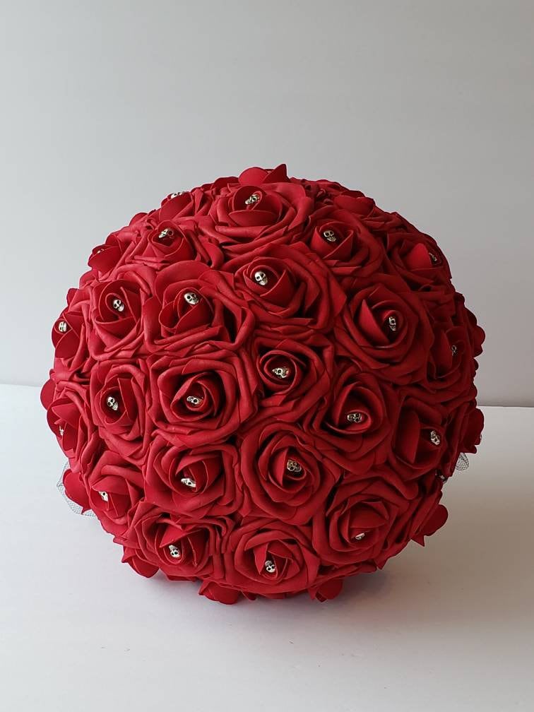 Gothic Skull Red and Black Wedding Bouquet,Bridal Bouquet, Bridesmaid Bouquet, Matching Corsages and Boutonnieres, Halloween Wedding
