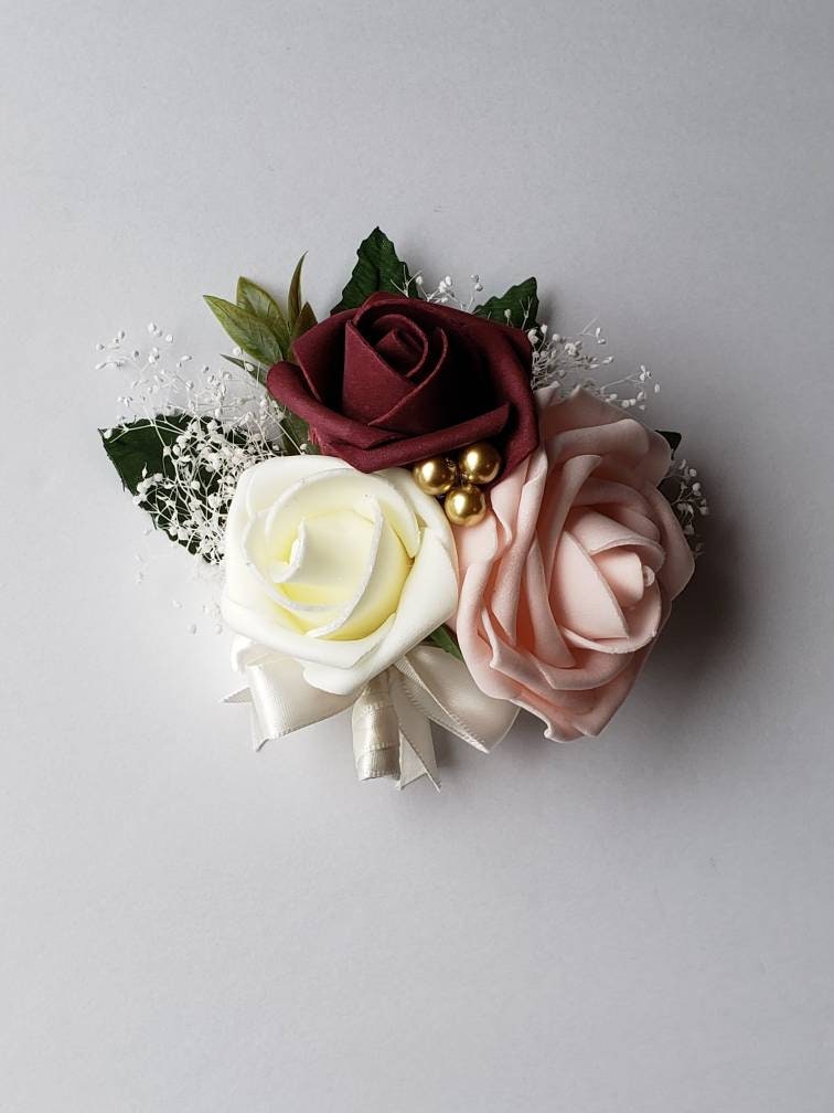 Burgundy,ivory,dusty rose corsage, Eucalyptus/rose Gold Accents,Babis Breath, Matching Boutonnieres/ Bouquets Available 27 Colors Available