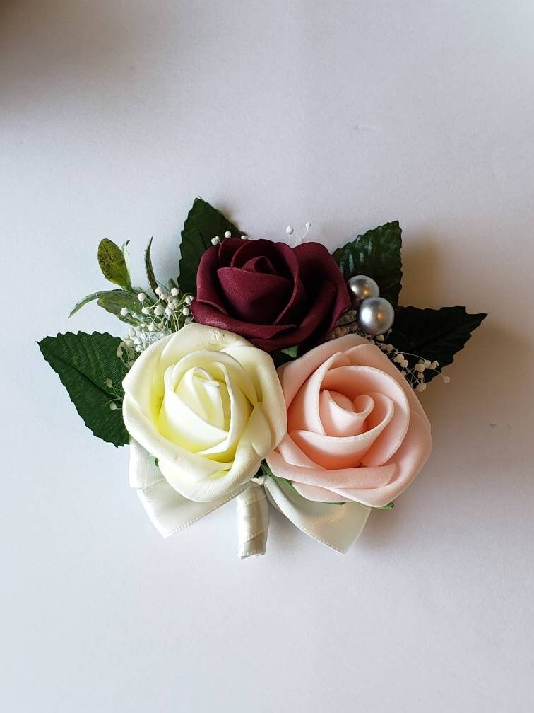 Ivory And Gold Boutonniere, Eucalyptus And Rose Gold Accents,Babais Breath, Matching Corsages And Bouquets Available 26 Colors Available,