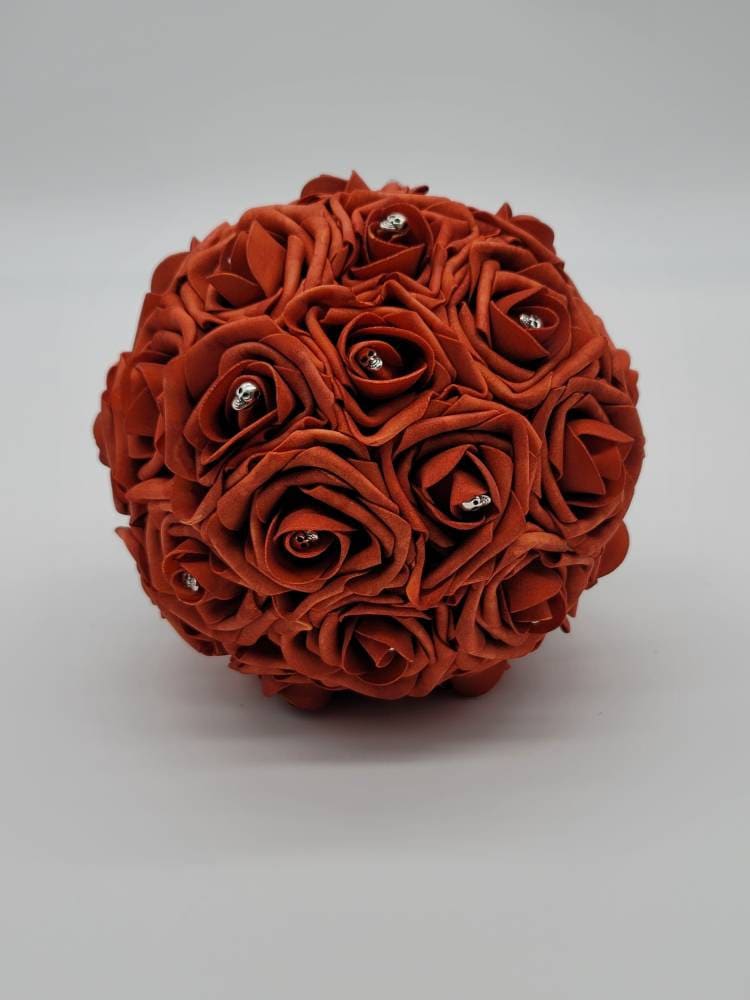 Gothic Skull Burnt Orange And Black Wedding Bouquet, Bridal Bouquet,Bridesmaid Bouquet,Matching Corsages and Boutonnieres, Halloween Wedding