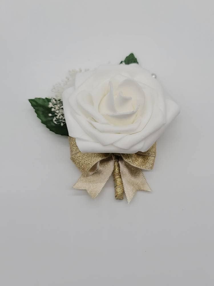 White And Gold Boutonnieres And Corsages,27 Colors Available, Corsages Available In Pin On And Wrist,Matching Bouquets Available