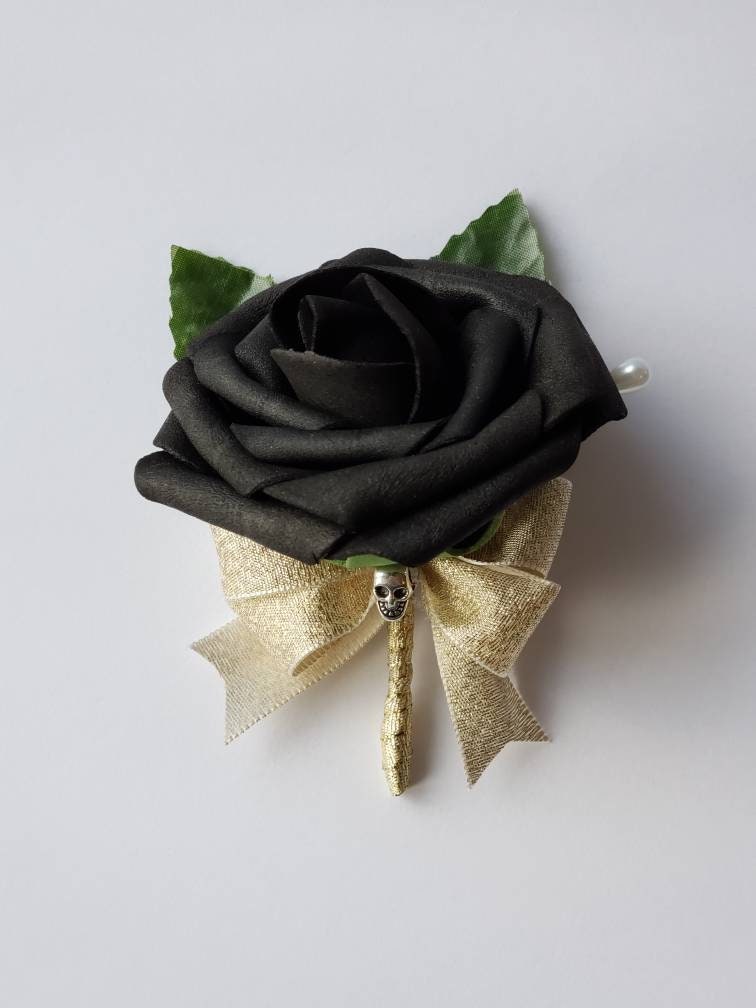 Gothic Skull Black And Gold Boutonnieres and Corsages, Corsages Available In Pin On And Wrist, Matching Bouquets Available
