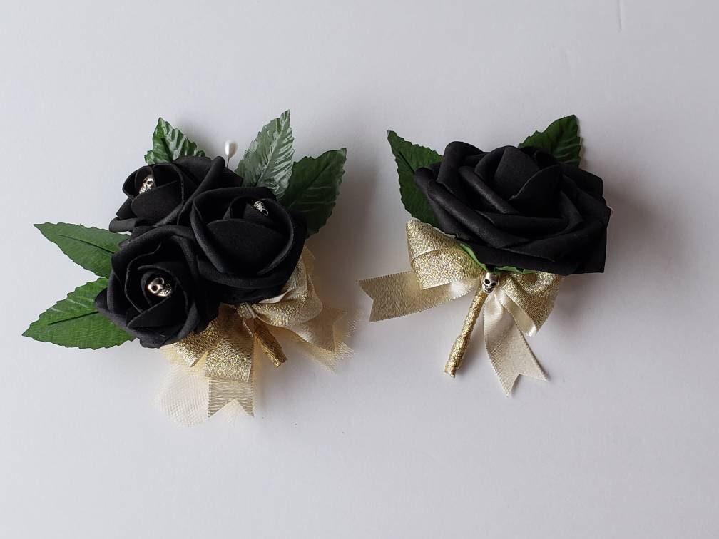 Gothic Skull Black And Gold Boutonnieres and Corsages, Corsages Available In Pin On And Wrist, Matching Bouquets Available