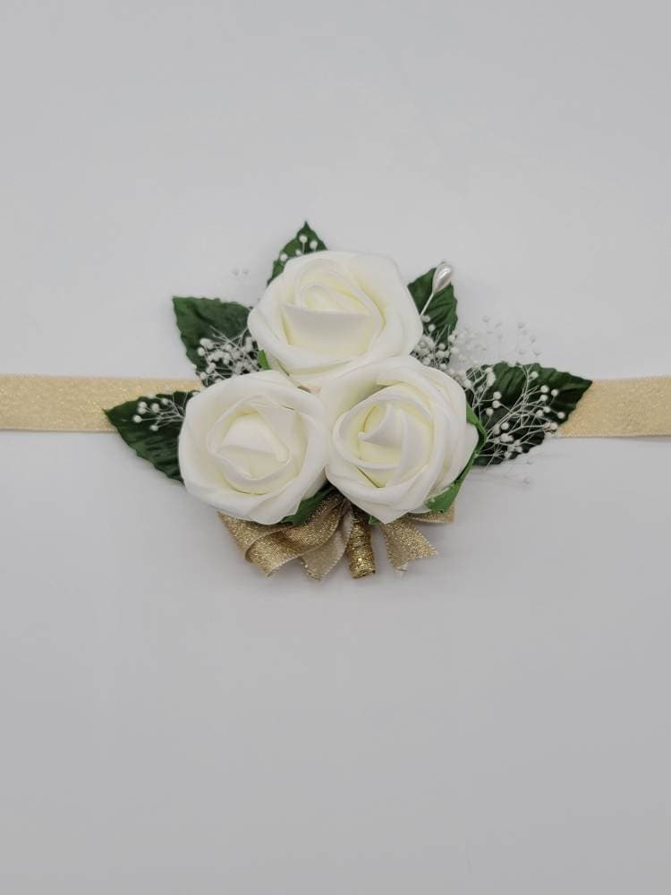 Ivory and Gold Boutonnieres and Corsages, 27 Colors Available, Corsages Available in Pin on and Wrist, Matching Bouquets Available