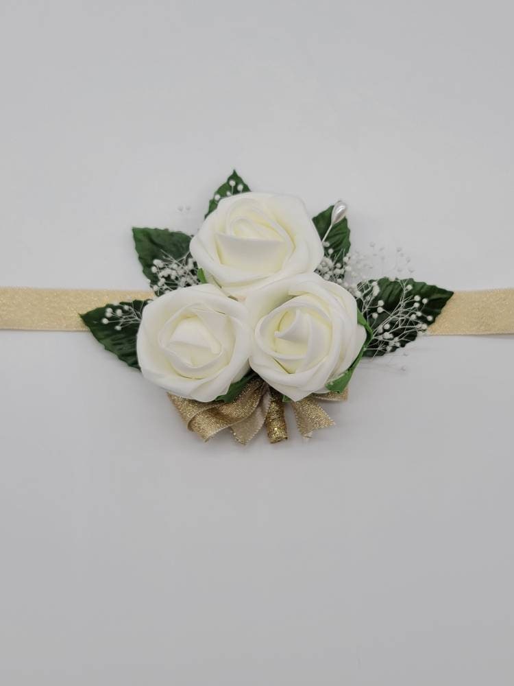Ivory and Gold Wedding Bouquet Made With Real Touch Roses, Bridal Bouquet, Bridesmaid Bouquet and Matching Boutonnieres and Corsages