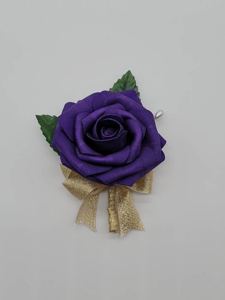 Dark Purple And Gold Boutonnieres And Corsages, 27 Colors Available, Corsages Available In Pin On And Wrist,Matching Bouquets Available