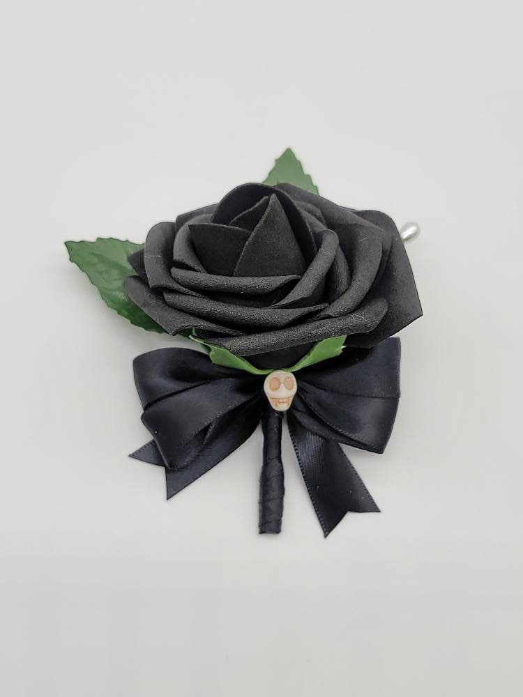 Gothic Skull Black Corsages and Boutonnieres, Corsages Available In Pin On And Wrist, Matching Bouquets Available