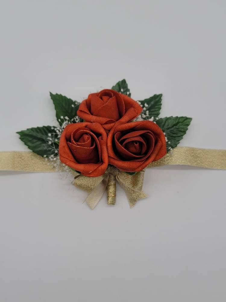 Burnt Orange And Gold Boutonnieres And Corsages, Available In 27 Colors, Corsages Available In Pin On And Wrist,Matching Bouquets Available