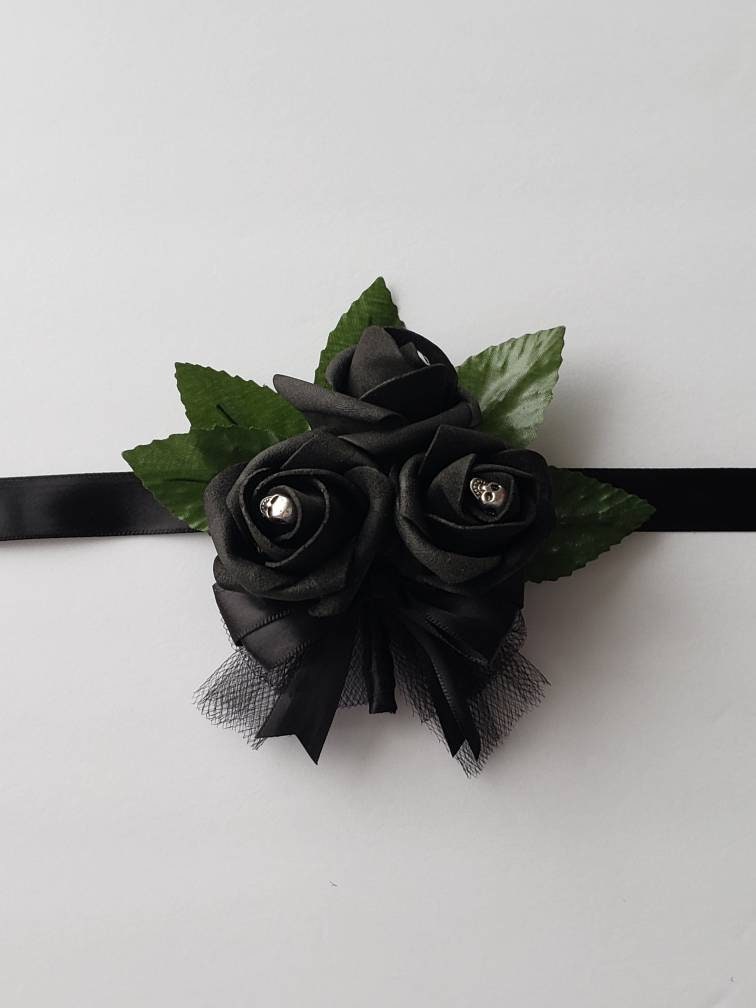 Gothic Skull White and Black Boutonnieres and Corsages, Corsages are Available in Pin on Or Wrist, Matching Bouquets Available